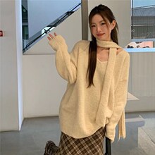 织语韩版休闲针织慵懒风2025秋冬新款时尚百搭显瘦毛衣围巾针织衫