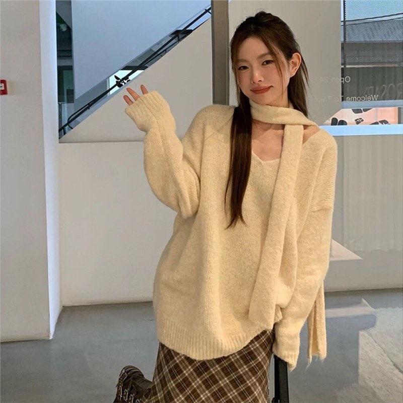 织语韩版休闲针织慵懒风2025秋冬新款时尚百搭显瘦毛衣围巾针织衫