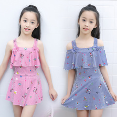 Girls' Han Style Cartoon One-piece Swimsuit for 4-12 Years Old, Medium and Large Children, Flat Waist Dress Style Hot Spring Swimsuit