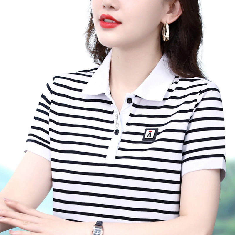 엄선된 스트라이프 반팔 티셔츠, 여름 폴로, 중년 여성, 해외 직구, 엄마, 스포츠, 캐주얼, 다용도 상의