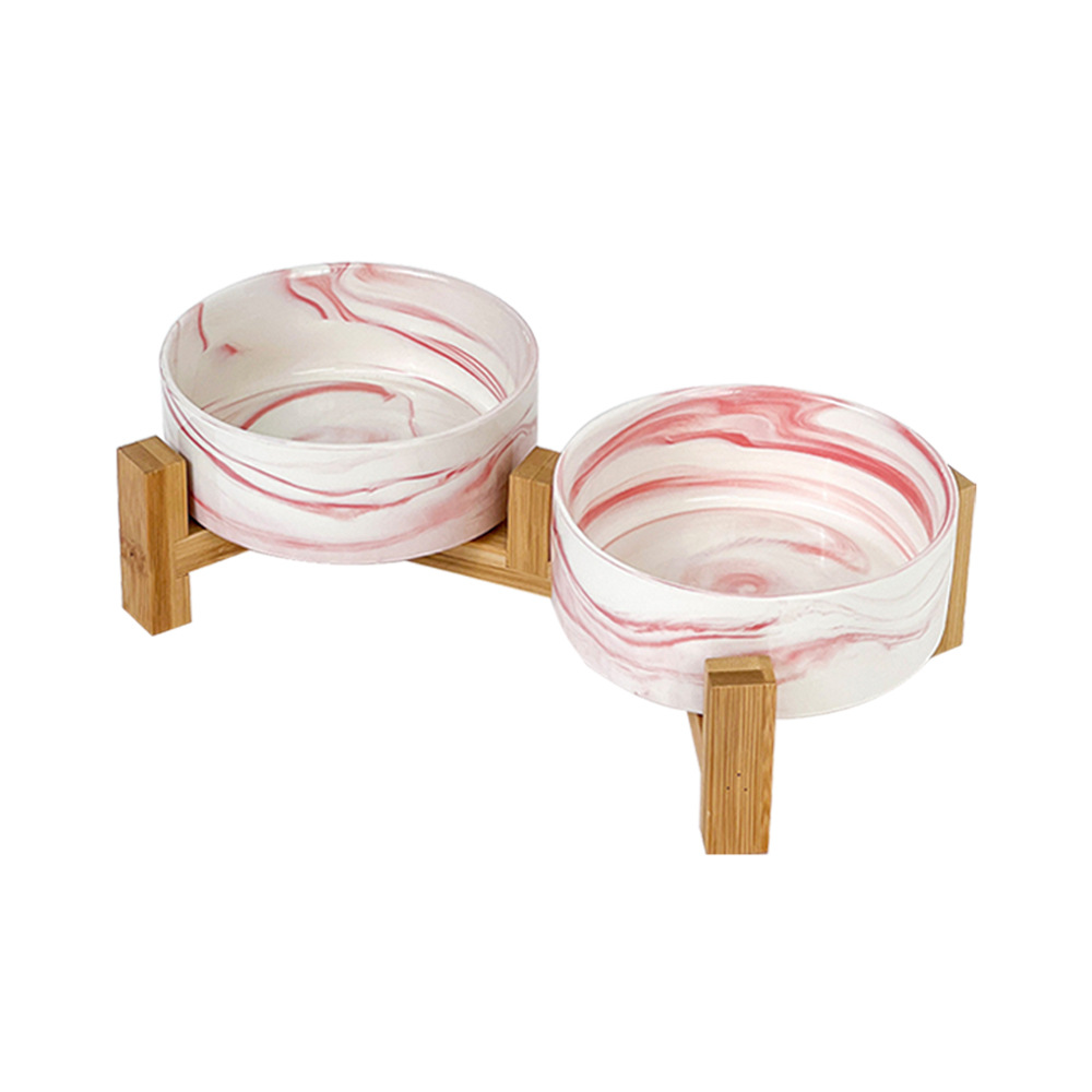 Tazón para perros de Amazon transfronterizo Tazón de arroz de mármol para gatos Marco de madera de bambú de patas altas Tazón para beber Tazón para comida para gatos Tazón para gatos Cerámica
