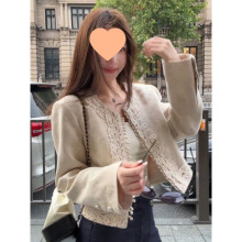 2025新款早秋感法式优雅气质时尚轻薄设计感卡其色蕾丝短外套