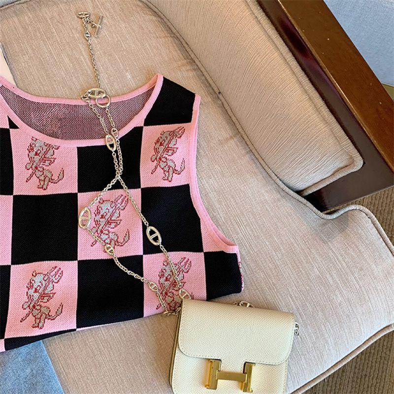 Verano de las muchachas nuevo contraste color tablero a cuadros punto camisola estilo coreano cuello redondo sin mangas dibujos animados moda chaleco