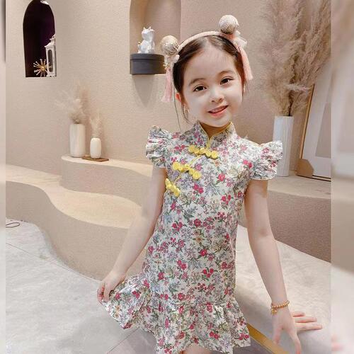 Girls' Chinese style retro Hanfu, summer children's style cheongsam, girls' floral dress, baby skirt