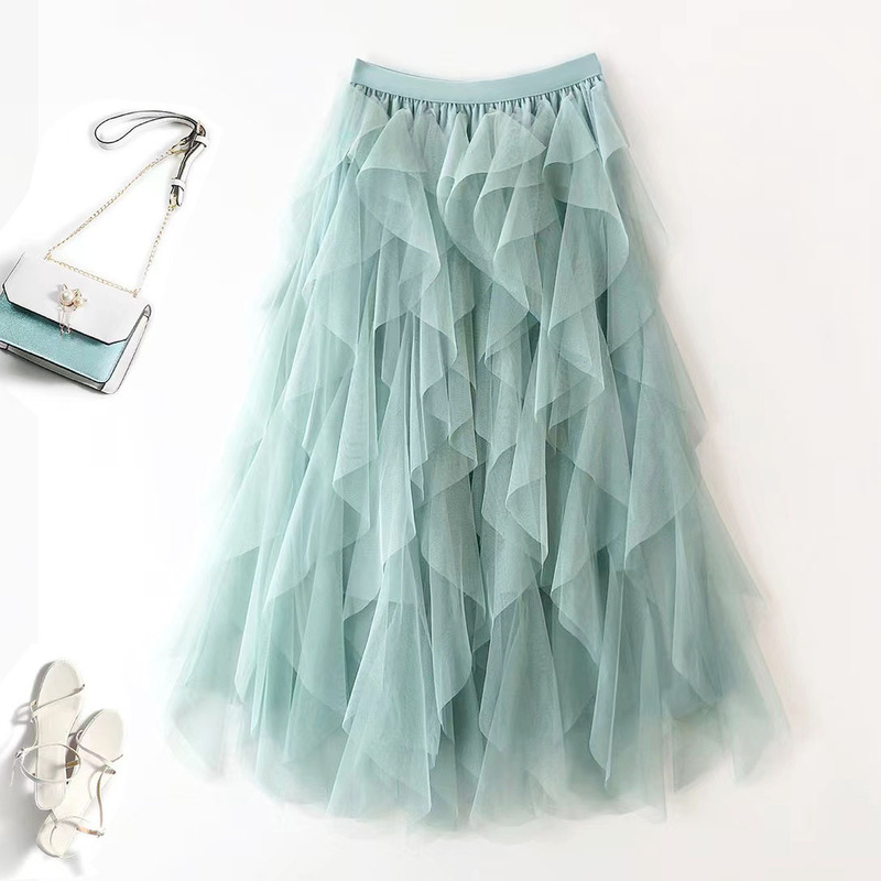 Irregular High-Waisted A-Line Mesh Skirt Spring New Ruffled Cake Skirt Skirt Gauze Skirt Women's Tutu Skirt