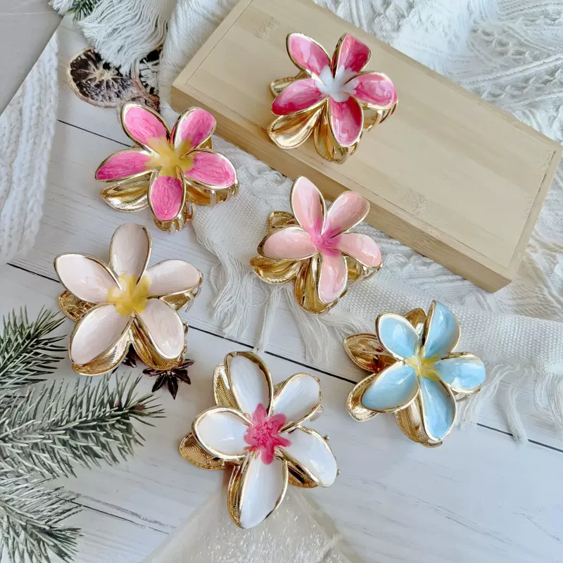 跨境新品花朵发夹高级感波西米亚风合金鸡蛋花抓夹后脑勺马尾抓夹