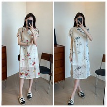 轻盈篙级苎麻 新中式立领斜门襟盘扣石榴印花旗袍连衣裙夏