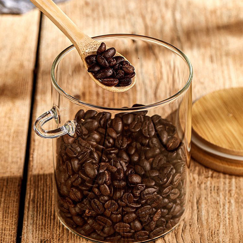 Tarro de almacenamiento de vidrio borosilicato para el hogar con cuchara de vidrio transparente redondo tarro de té
