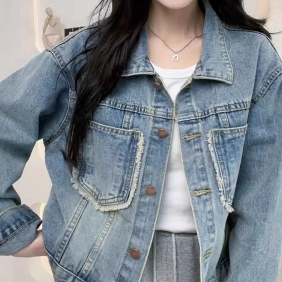 Denim autumn short retro blue jacket for leisure, oversize