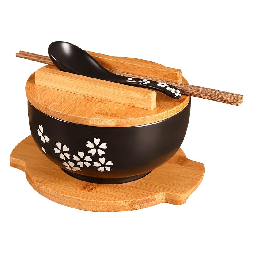 Tazón de fideos de cerámica negra con tapa cuchara tazón de fideos instantáneos tazón de sopa coreano tazón de arroz estudiante cantina restaurante cocina japonesa vajilla