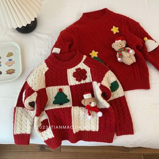 Ningli girls' Korean style autumn and winter New sweater girls' autumn and winter red round neck Christmas striped bear top
