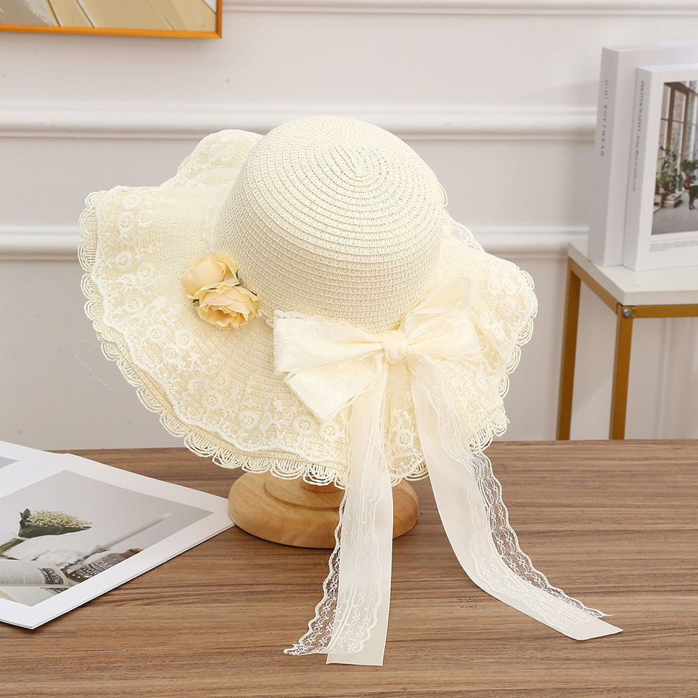 Sombrero de paja con lazo – estilo veraniego, ala ancha, para playa o vacaciones al aire libre