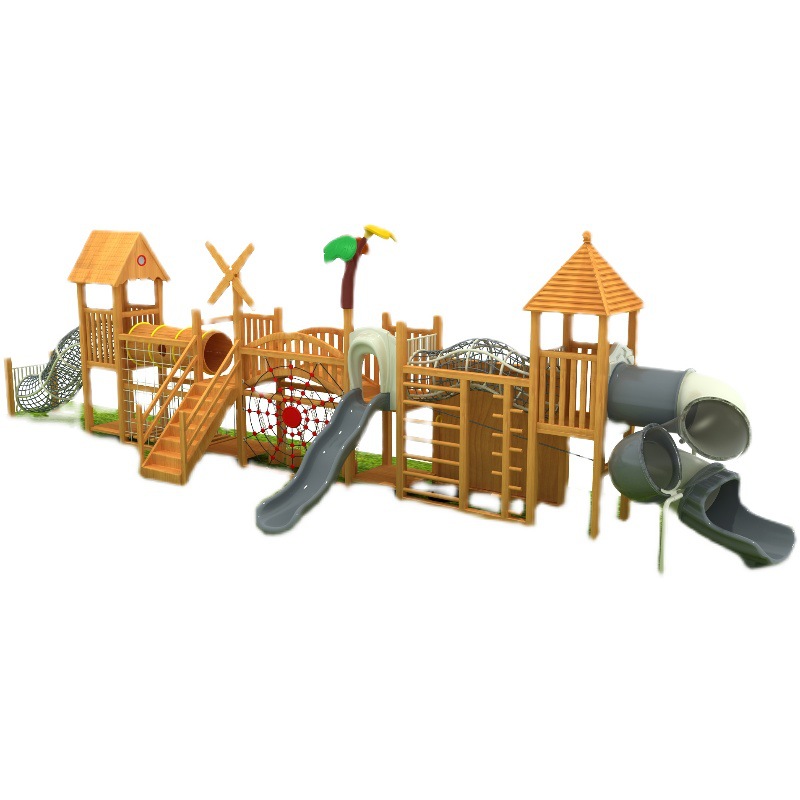 Outdoor children's wooden swing combination slide outdoor wooden tree house pirate ship climbing drill net Zhengzhou manufacturer