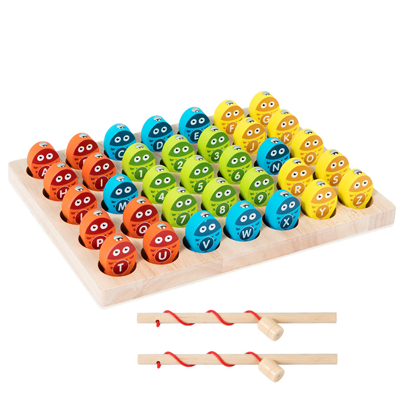 Educación temprana de madera para niños, números, letras, combinación, diversión cognitiva, clasificación de colores, juguetes educativos de pesca magnética interactivos