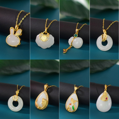 natural Nephrite  Jin Xiang Yu Ancient S925 Set White jade rabbit Lock bag Pendant Blessing bag Necklace gift