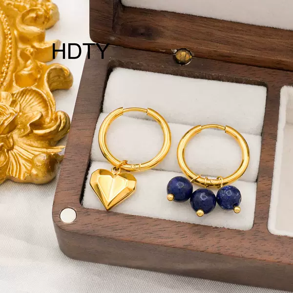 French Retro Creative Design Stainless Steel Lapis Lazuli Asymmetric Earrings Plated with 18K Gold Personalized Elegant Earrings