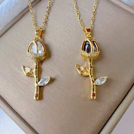 铜锆石水晶郁金香花朵吊坠项链轻奢个性时尚高级感锁骨链项链女