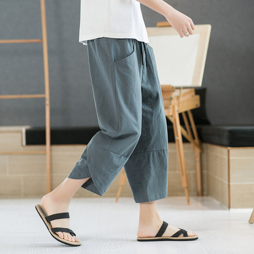 Cotton and linen 8/16 pants for men, summer thin breathable 7/16 shorts, outerwear loose wide-leg casual sports 9/16 pants