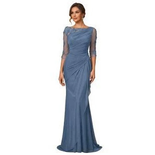 Amazon Wish New Foreign Trade Evening Dress Long Lace See-Through Round Neck Mid-Sleeve Waist-Cinching Party Dress