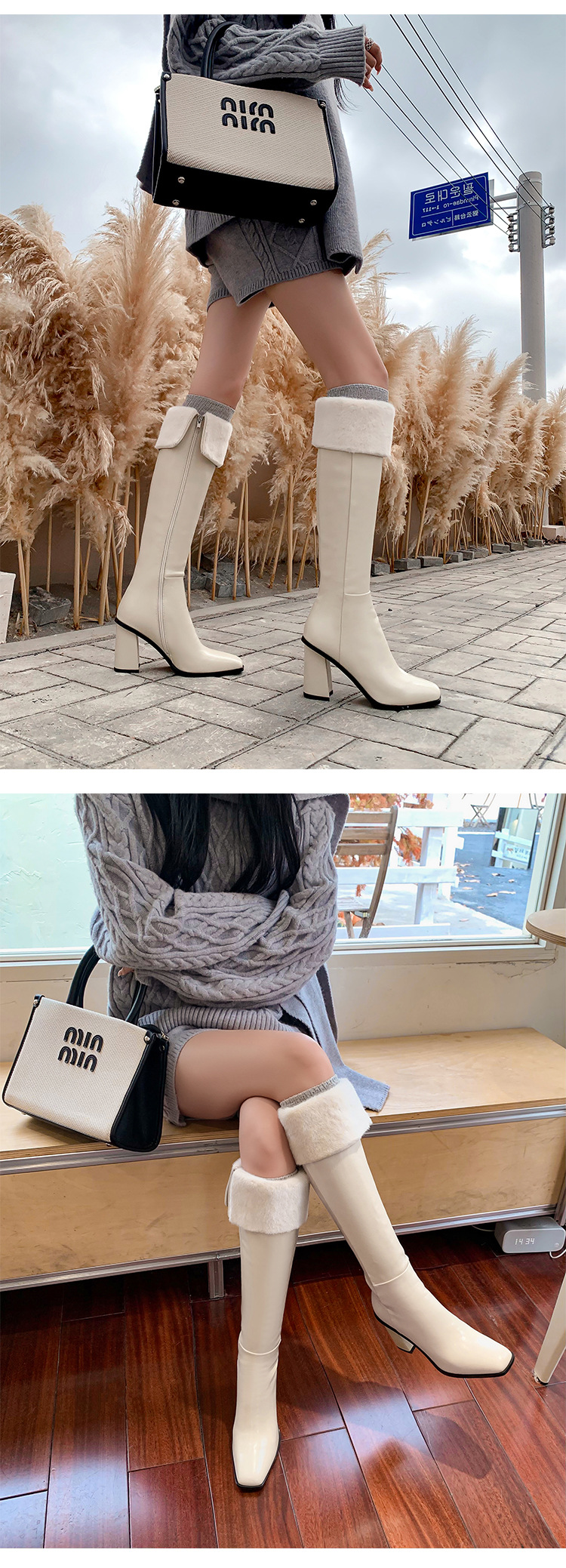 Boot nữ cổ cao mũi vuông gót dày da thật, phong cách hiệp sĩ, có thể gập ống — Lớp lót nhung đen chi tiết 13