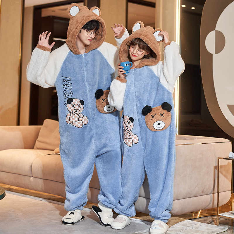 Invierno pareja pijamas de dibujos animados de las mujeres con capucha más el tamaño cálido estudiante ins estilo de una sola pieza desgaste del hogar 200kg usable