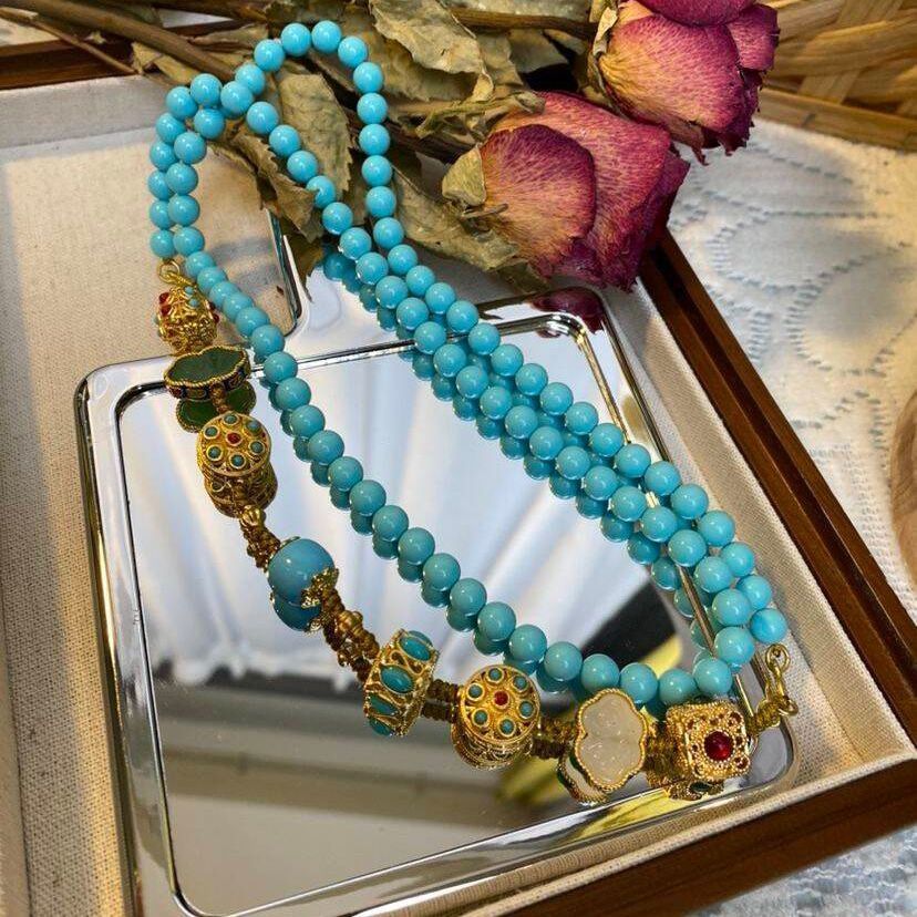 Original, unique, multi-wearable blue-green bracelet/necklace with enamel beads and elegant blue turquoise multi-gemstone bracelet - a great gift.