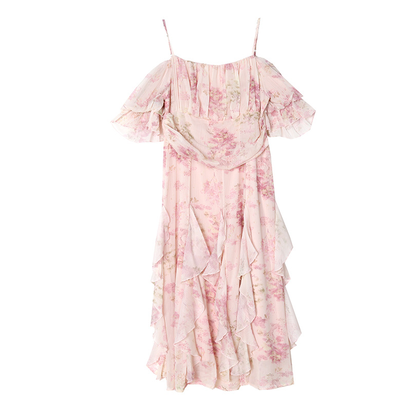 Summer Sweet Floral Dress For Women-French Tea Time Style With Shoulderless Strapped And Irregular Fairy Long Skirt_ecoleips.com