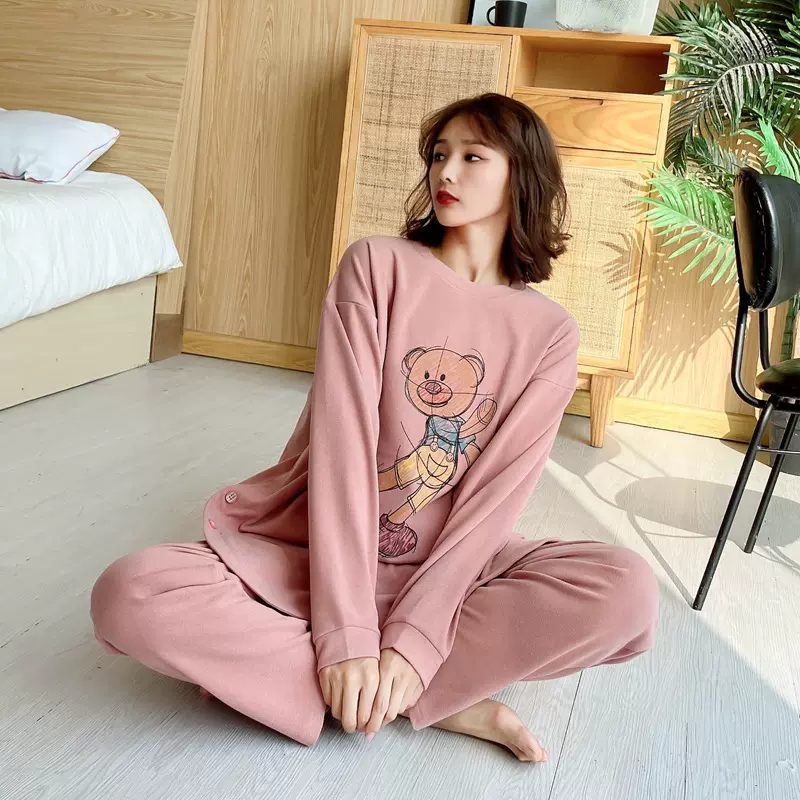 秋冬款德绒阳离子保暖家居服睡衣套装宽松大码200斤两件套女外穿
