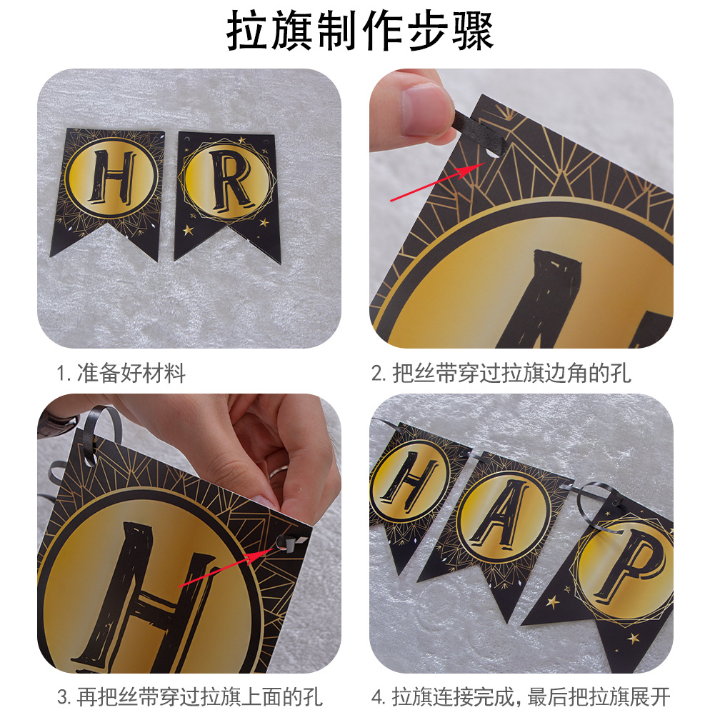 Bandera de oro negro Año Nuevo Bandera de extracción Feliz Año Nuevo Bandera de cola de pez Bandera de triángulo Año Nuevo decoración de año nuevo traje de bandera de extracción