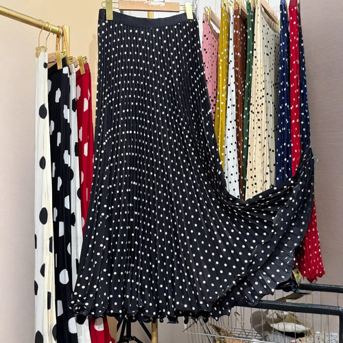 Multicolor Summer Korean Snow Silk Fashion High-Waist Slimming Pleated Polka Dot Medium-Length Skirt for Women