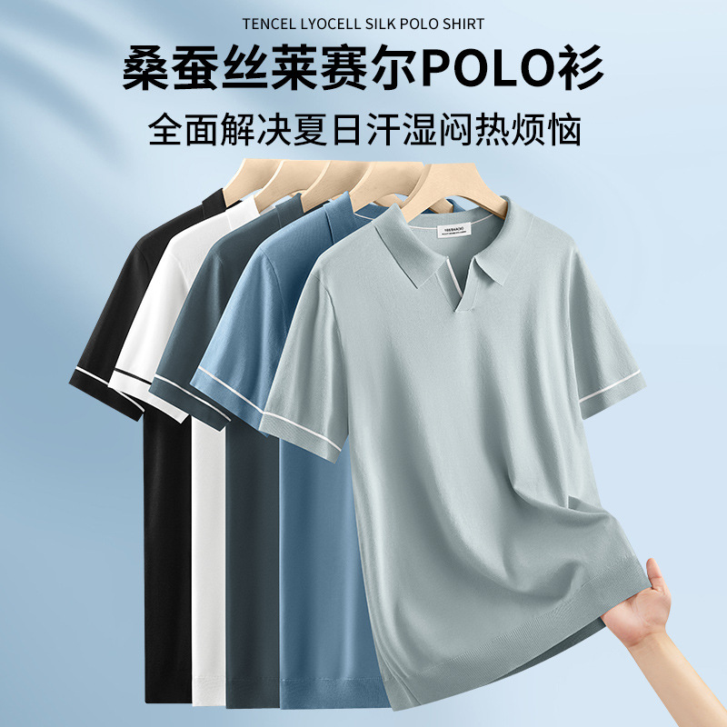 High-End Mulberry Silk Seagull Collar Knitted T-Shirt for Men Tencel Lyocell Polo Shirt Summer Versatile Lapel Short-Sleeved Men