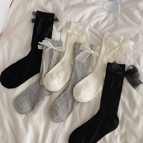 Socks women's lace bow pile socks thin spring and summer tube socks with small leather shoes ballet lace socks