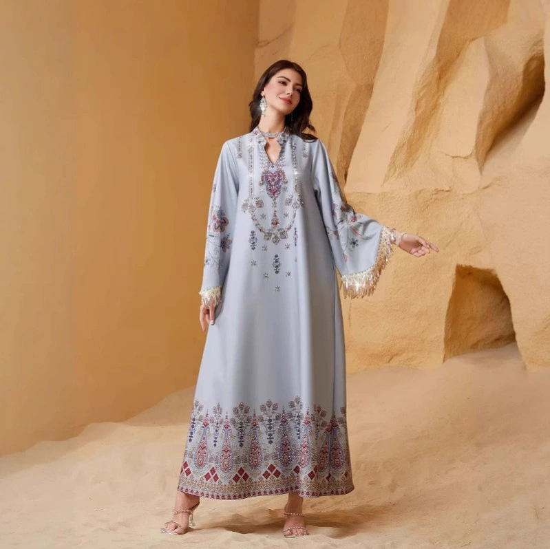 Ближневосточный трансграничный мусульманский женский халат с v-образным вырезом и принтом кисточек, элегантное арабское платье Абая