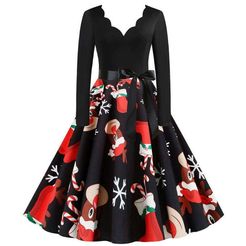Завод питания большое количество в наличии Горячие Рождественская мода рок с длинным рукавом горящий цветок партии печатных платье