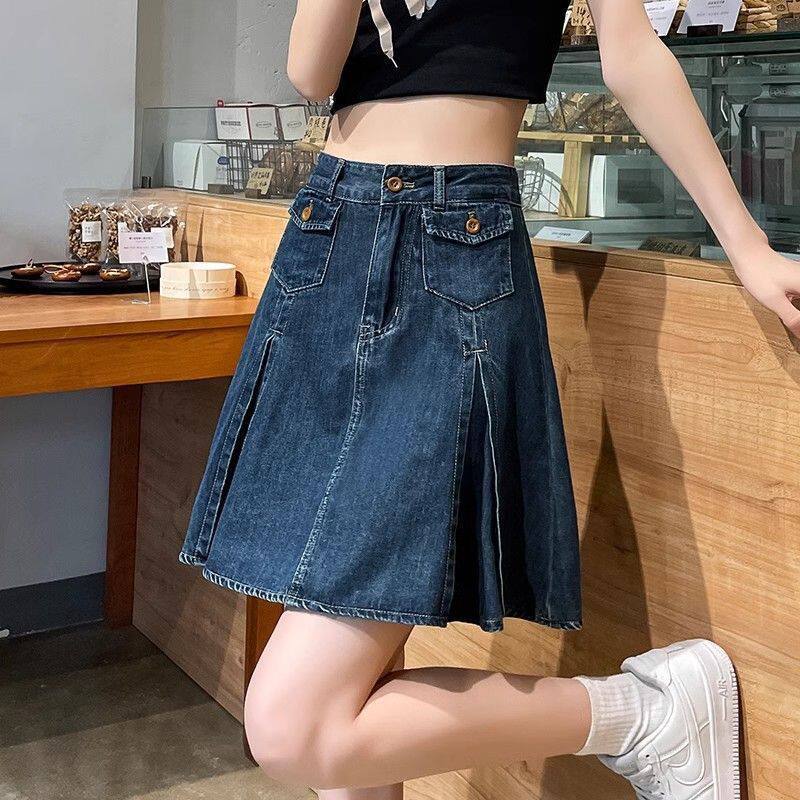 Chân váy denim xếp ly cạp cao dáng midi chống lộ, phong cách retro công sở — Xanh cổ điển