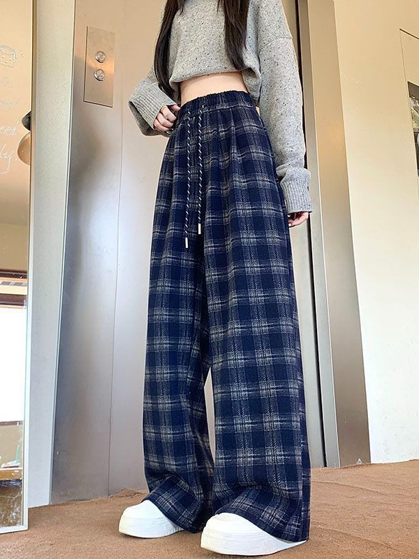 新款复古格子裤女2025春秋休闲高腰百搭直筒宽松拖地格纹阔腿裤子|undefined
