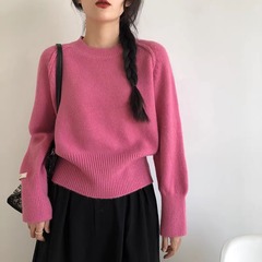 韩版纯色圆领女式毛衣秋冬时尚高级感长袖内搭上衣慵懒外穿针织衫