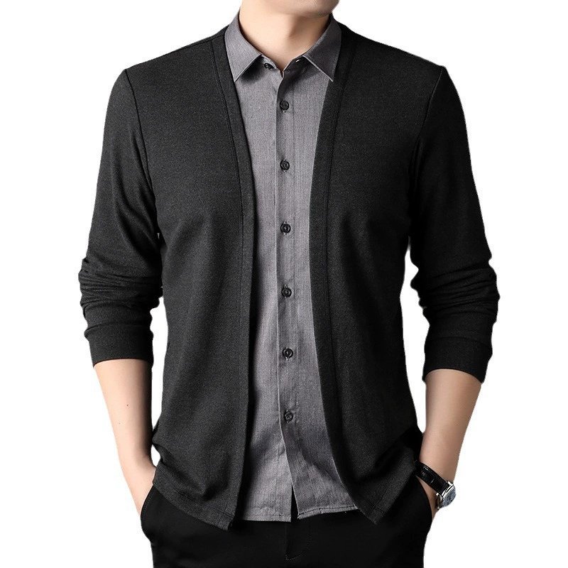 Autumn men's layered shirt-look set — cardigan with faux shirt, casual business knit, black/gray, sizes M–4XL