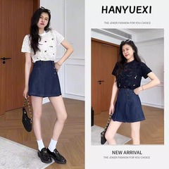夏季一整套女装2025新款洋气高级感宽松短袖上衣牛仔短裙两件套装