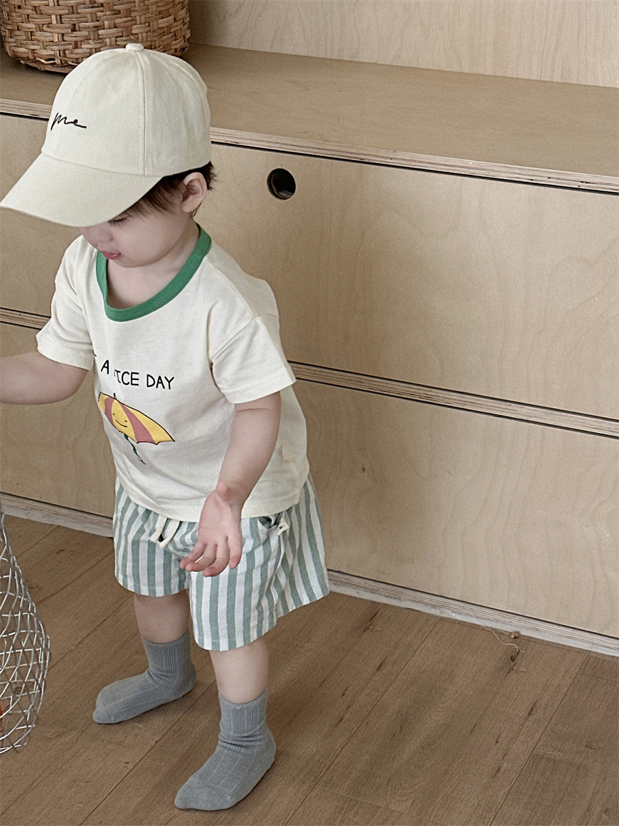 Niños camisetas de manga corta con pantalones cortos rayados, ropa de verano delgada coreana para niños, ropa de verano 2026 ropa de verano bebé image 1