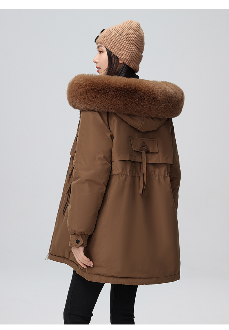 2024 foreign trade overcomes women's winter new Korean version waist cinching slimming hooded big fur collar cotton_voghion.com