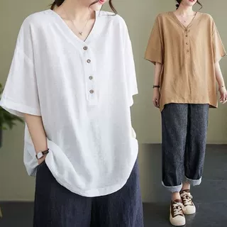 夏季300斤大码棉麻V领短袖t恤女宽松休闲减龄时髦显瘦百搭上衣女t