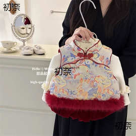 女宝宝女童秋冬季汉服旗袍马甲夹棉中周岁礼服唐装拜年两件套装