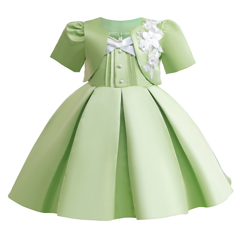 Little Girl Dress 2024 Party Performance Dress Child Skirt New Matcha Green Short Sleeveless Blouse Dress Set