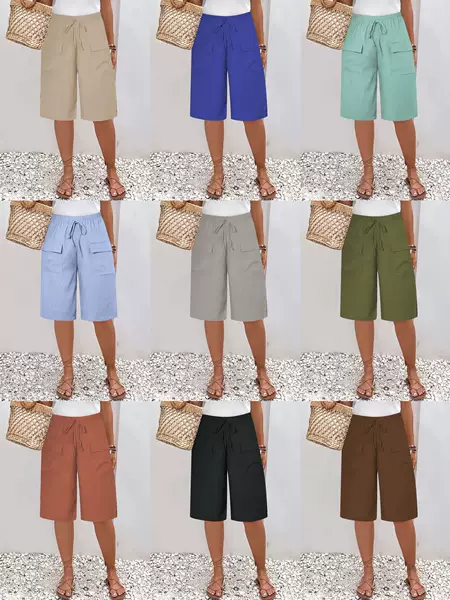 European and American Cross-Border 2025 New Amazon Temu Shein Foreign Trade Women's Clothing Pocket Casual Shorts Mid-Length Pants