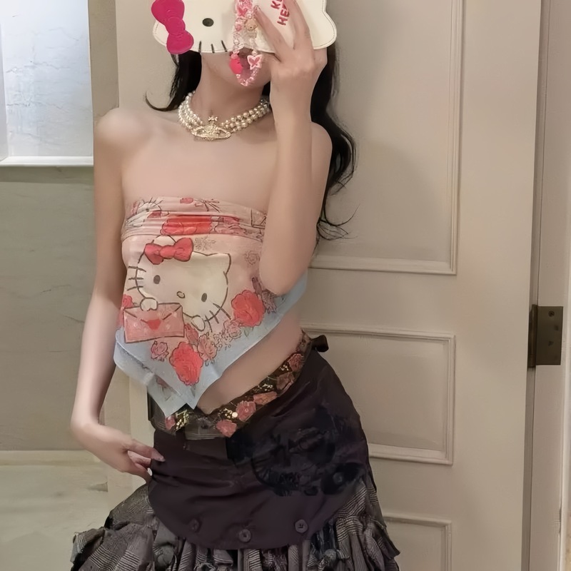 手绘涂鸦HelloKitty头巾辣妹y2k裹胸夏季街头嘻哈方巾多功能丝巾|undefined