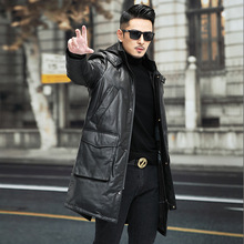 冬季新款羽绒服男中长款大衣头层小牛皮可脱卸帽真皮皮衣大码外套