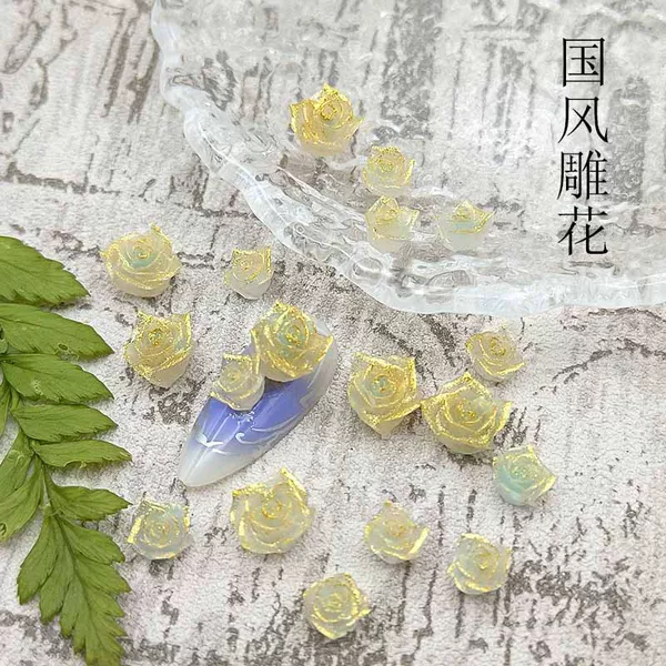 Chinese Style Dunhuang Soft Carving Rose Flower Luminous Golden Gradient Soft Flower Nail Art Accessories Fine Glitter Flower Wearable Nail Decorations