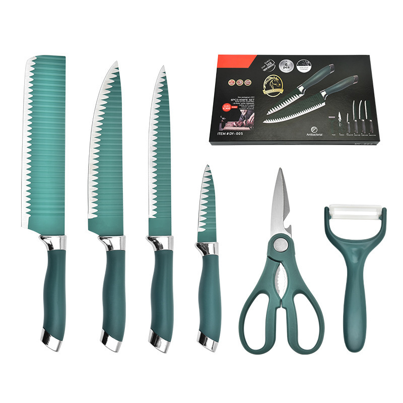 En stock venta al por mayor fábrica verde patrón de onda de seis piezas de cocina cuchillo de cocina regalo cuchillo traje cuchillo de acero inoxidable