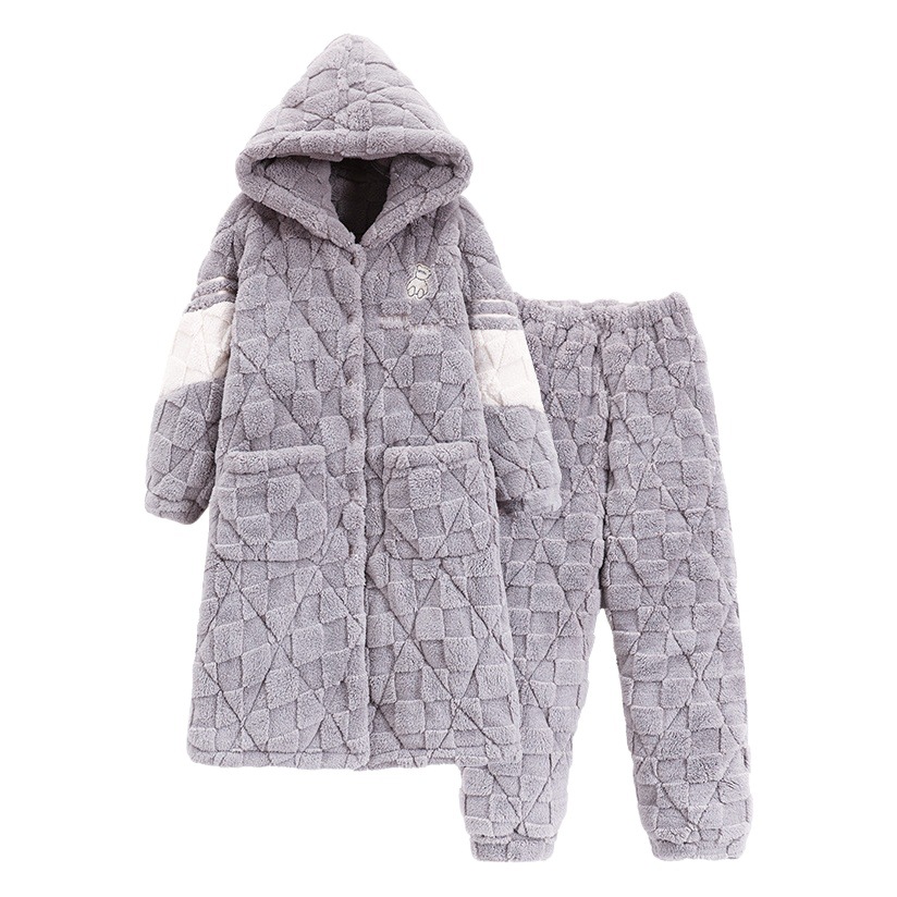 Pijamas de invierno de las mujeres acolchadas de tres capas engrosada caliente Chaqueta de algodón acolchado bolsillo lindo dulce ropa de abrigo homewear camisón